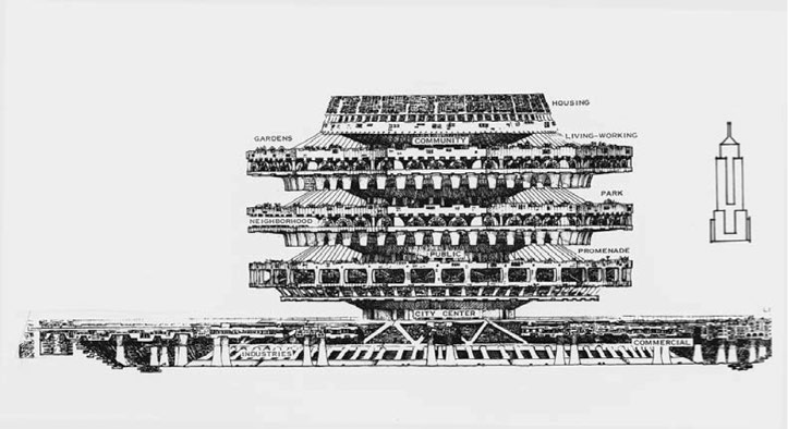 Paolo Soleri's hyperstructure in ground-level view. The figure to the right is the Empire State Building at the same scale.