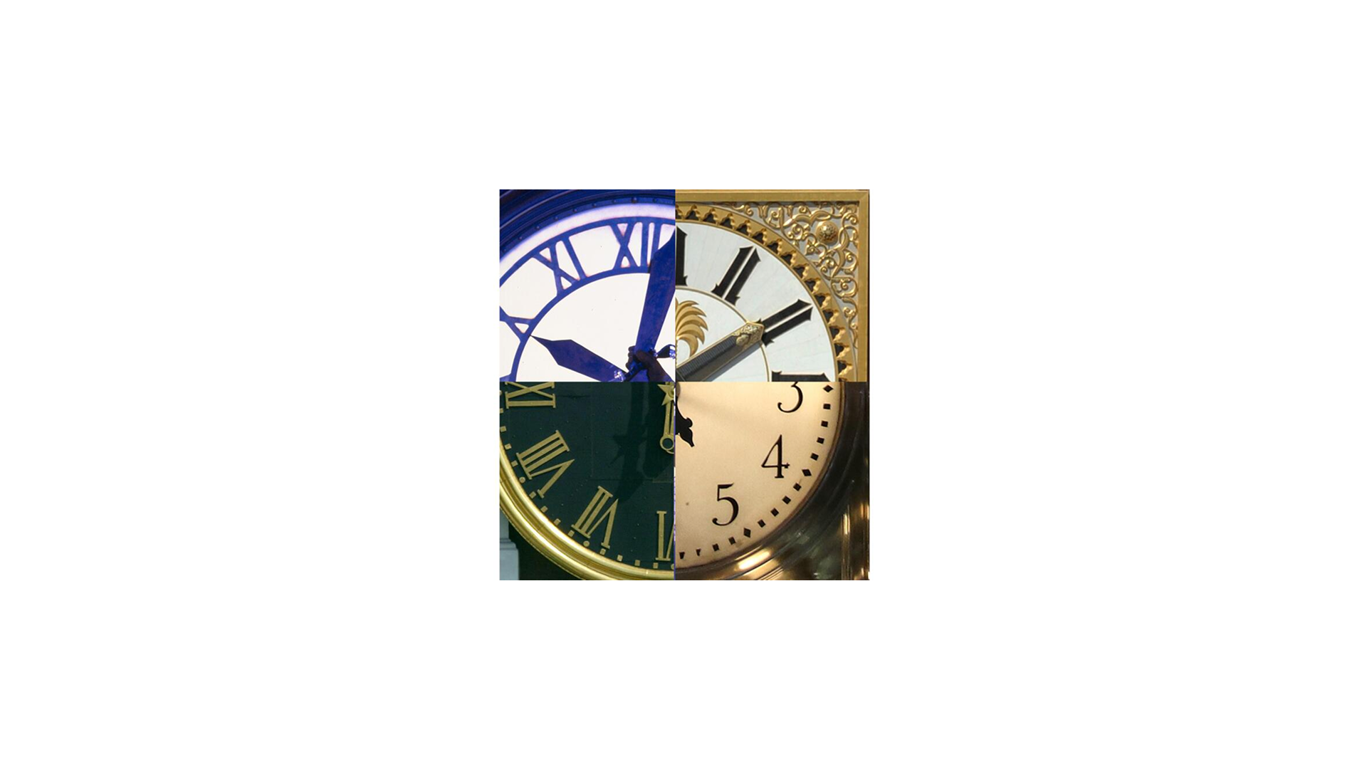 Four quadrants of different clock faces joined into one square