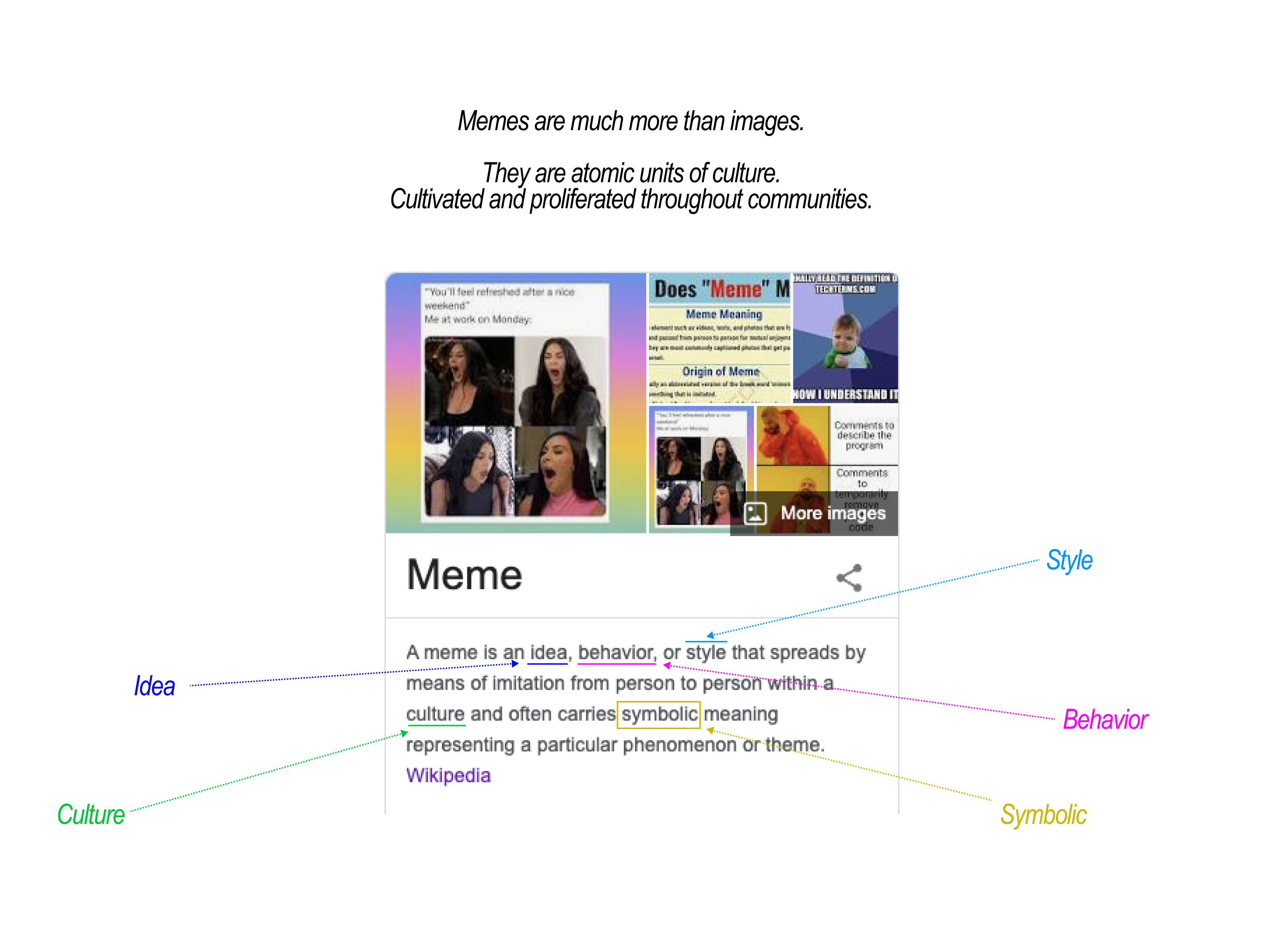 Illustrating the full meaning of memes: ideas, cultures, styles, behaviors and symbols.